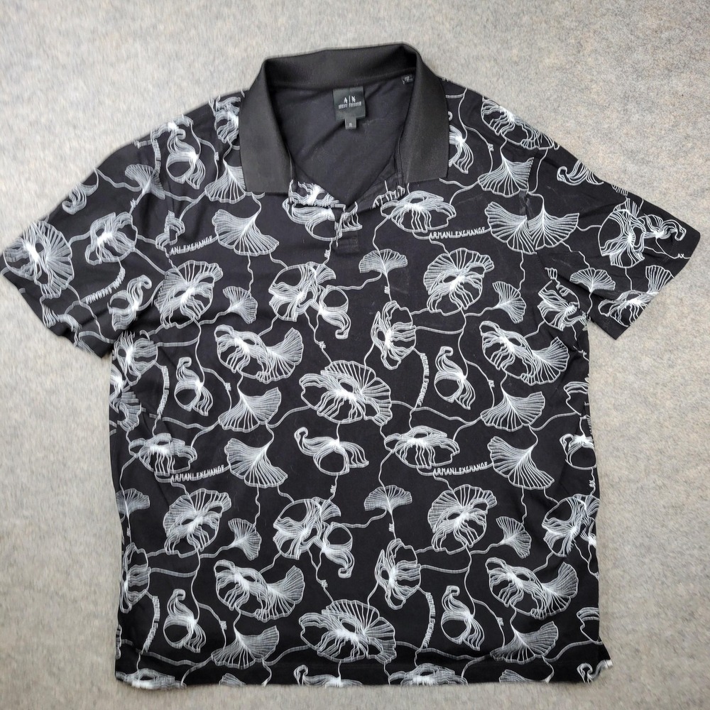 Armani Exchange Polo Shirt Mens XL Black Floral Print 100% Cotton Jersey Top